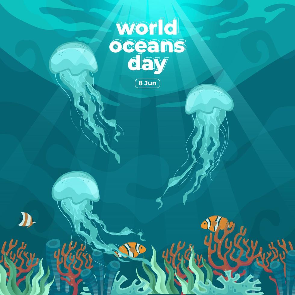 Día mundial de los océanos 8 de junio. salvar nuestro océano. las medusas y los peces nadaban bajo el agua con hermosas ilustraciones de vectores de fondo de coral y algas marinas.