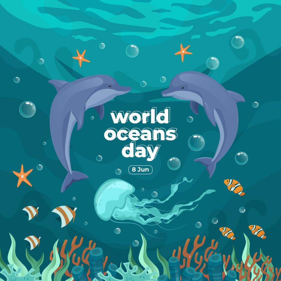 Día mundial de los océanos 8 de junio. salvar nuestro océano. delfines y peces nadaban bajo el agua con hermosas ilustraciones de vectores de fondo de coral y algas marinas.