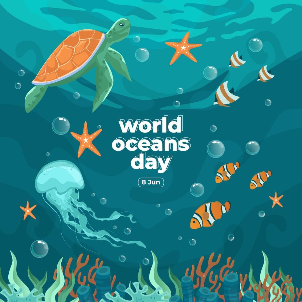 Día mundial de los océanos 8 de junio. salvar nuestro océano. medusas, tortugas marinas y peces nadaban bajo el agua con hermosas ilustraciones de vectores de fondo de coral y algas marinas.