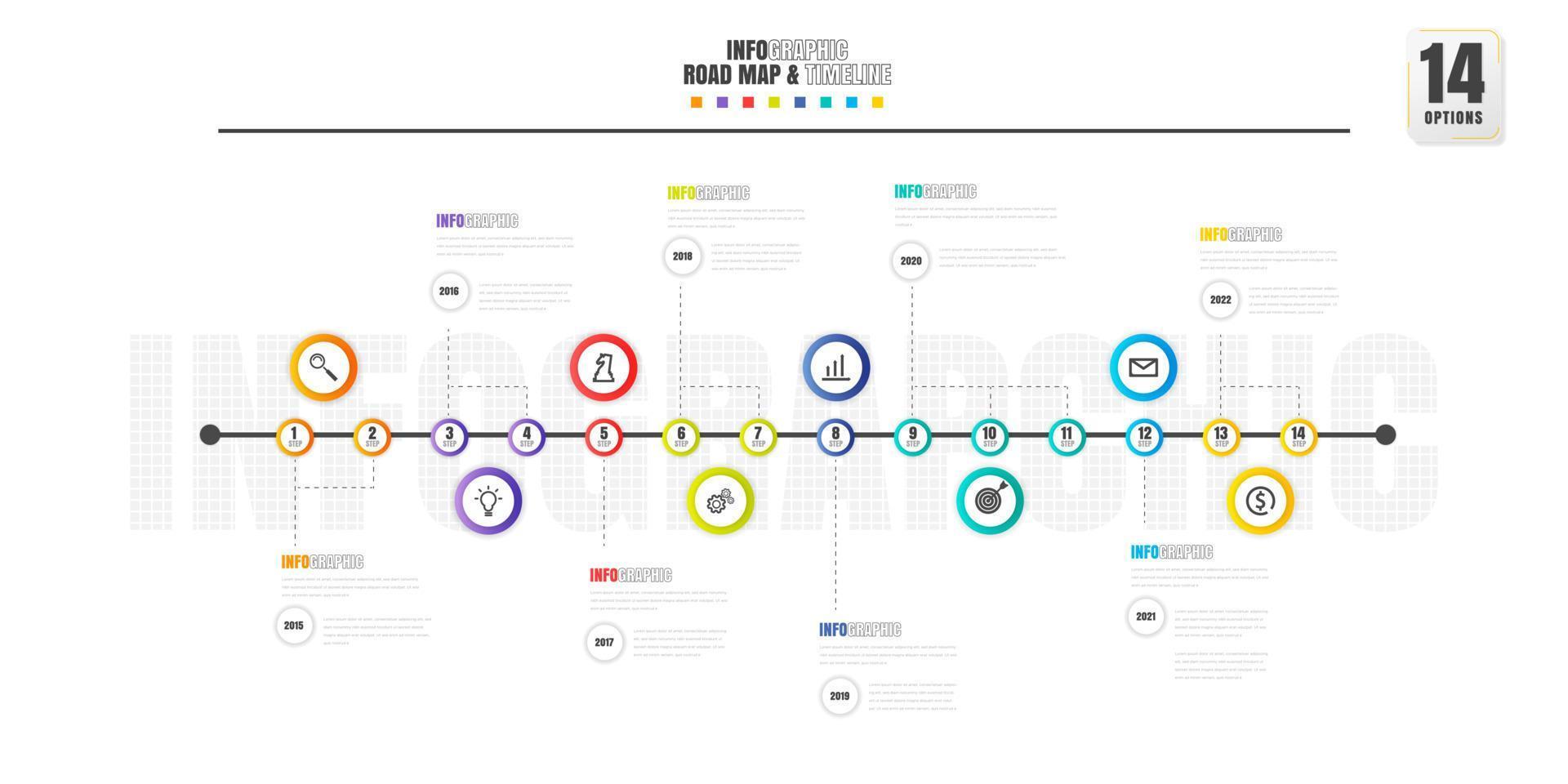 Timeline infographics design template with 14 options, process diagram. vector