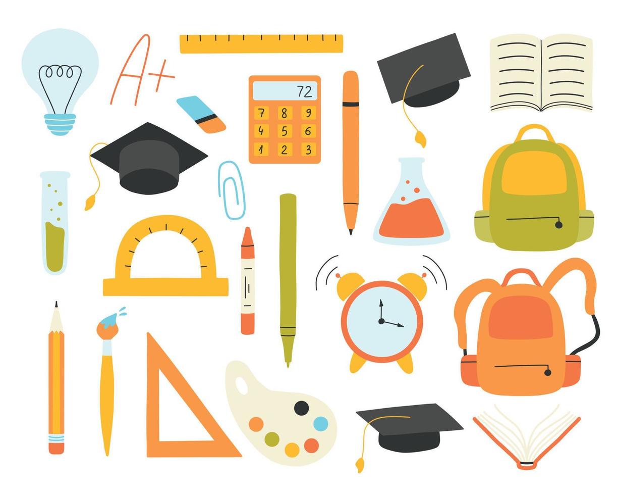 Set of school items. Vector illustration. Flat style. Collection of school elements. Back to school. End of school.