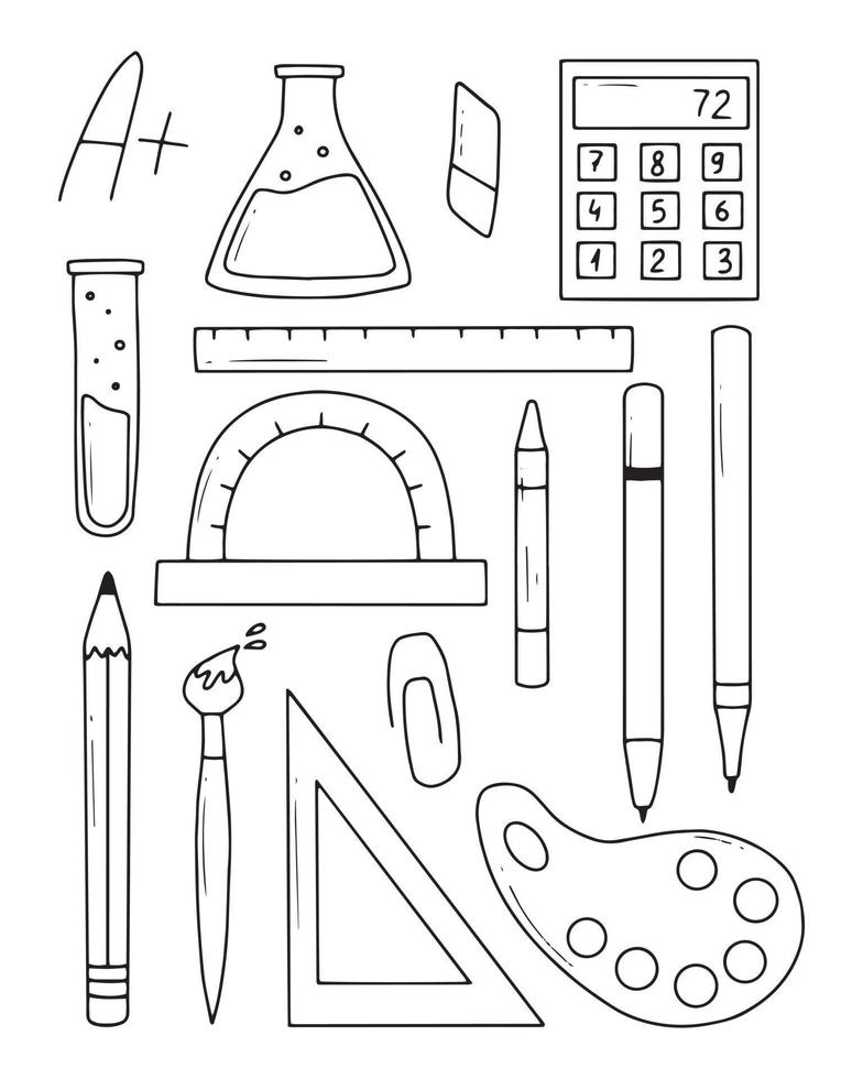 Set of school items. Vector illustration. Doodle style. Collection of school elements. Back to school.