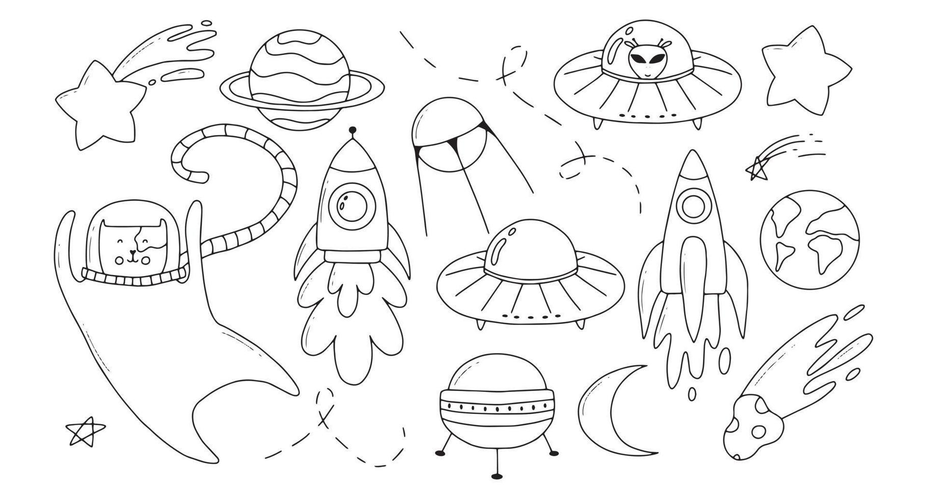 conjunto de espacio para niños. colección de elementos espaciales, luna, astronauta, estrellas, cohete. ilustración vectorial en estilo doodle.estilo de línea. vector
