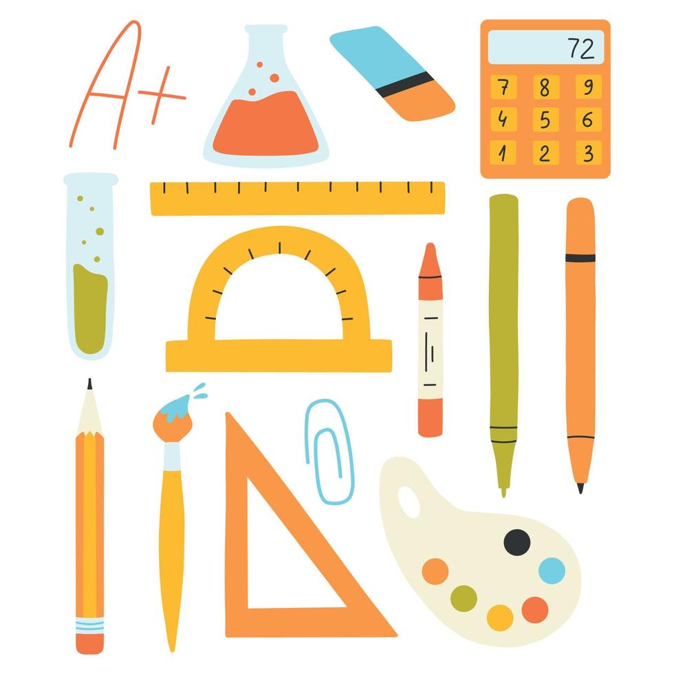 Set of school items. Vector illustration. Flat hand drawn style. Collection of school elements. Back to school. Pen, pencil, eraser, ruler, crayon.
