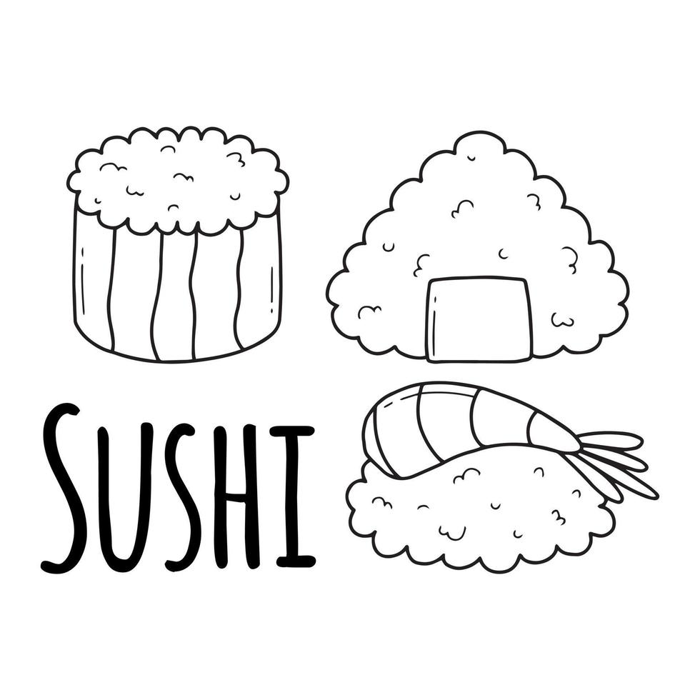 lindo sushi en estilo garabato. ilustración vectorial comida asiática. sushi de salmón, onigiri y sushi de gambas. personajes de sushi vector