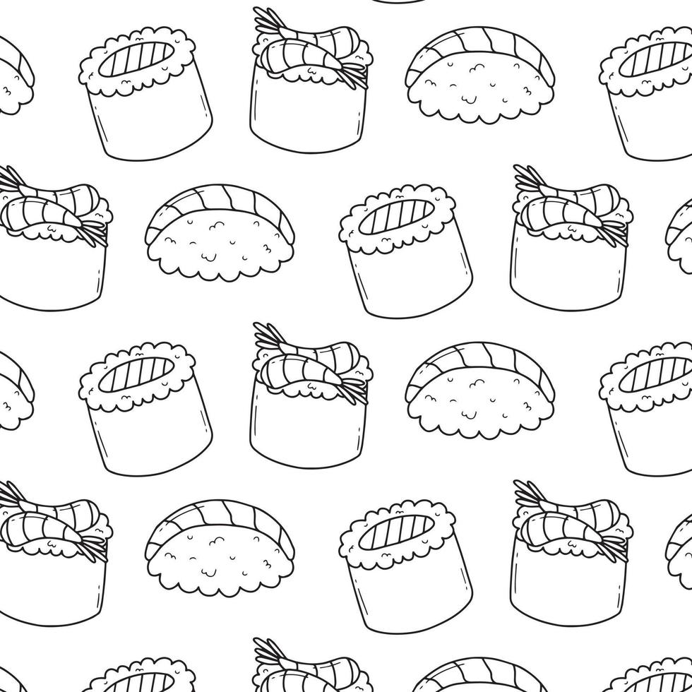 Seamless pattern with sushi in doodle style. Sushi in line style. Cute doodler rolls. Vector illustration.