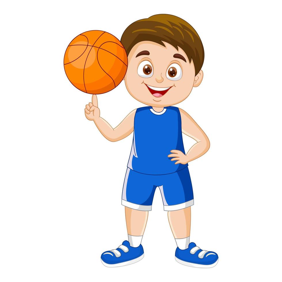 Vector cartoon boy holding basketball with one finger illustration