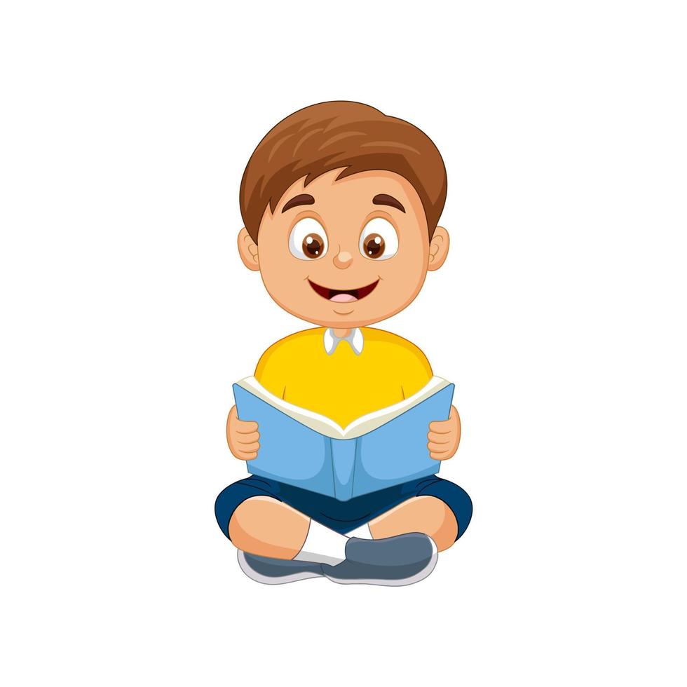 Vector cartoon little boy sitting and reading a book