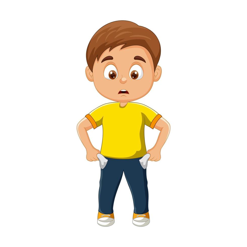 Sad boy cartoon no money in trouser pocket vector