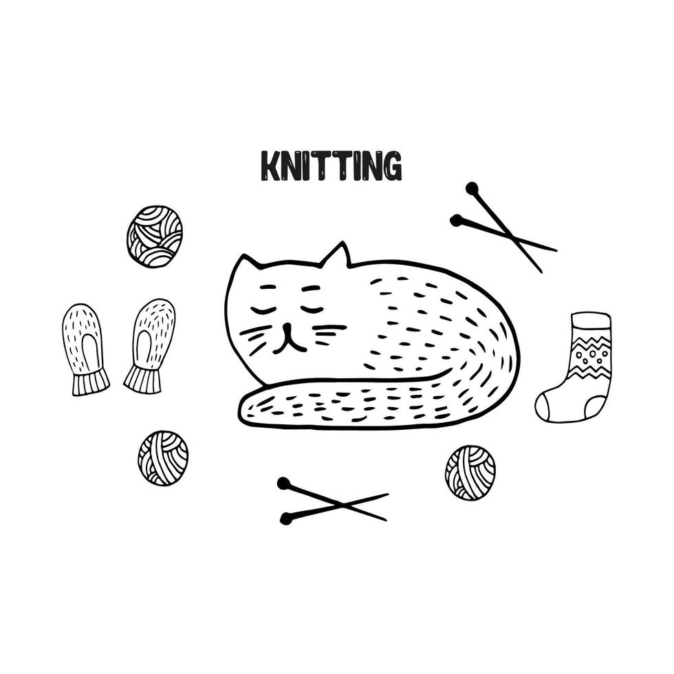 Cute doodle set with scandi cat, mittens, wool, knitting and socks. Hand drawn vector illustration.