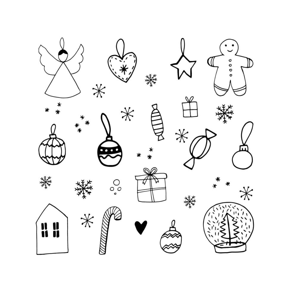 lindo juego de navidad de garabatos con ángel, juguetes, pelotas, paleta, pan de jengibre, dulces, caja de regalo y copos de nieve. ilustración vectorial de invierno dibujada a mano para el diseño estacional. vector