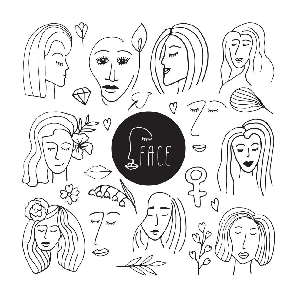 Doodle set with women faces. International Women's Day. Feminism concept design. Vector illustration for card, poster, modern design.