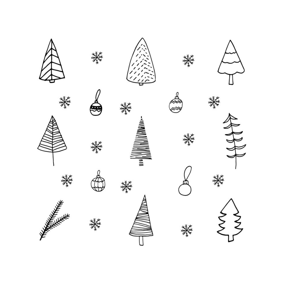 lindo juego de garabatos de iconos de árboles de navidad, bolas de juguetes y copos de nieve. ilustración vectorial dibujada a mano. elementos de invierno para tarjetas de felicitación, carteles, pegatinas y diseño de temporada. vector