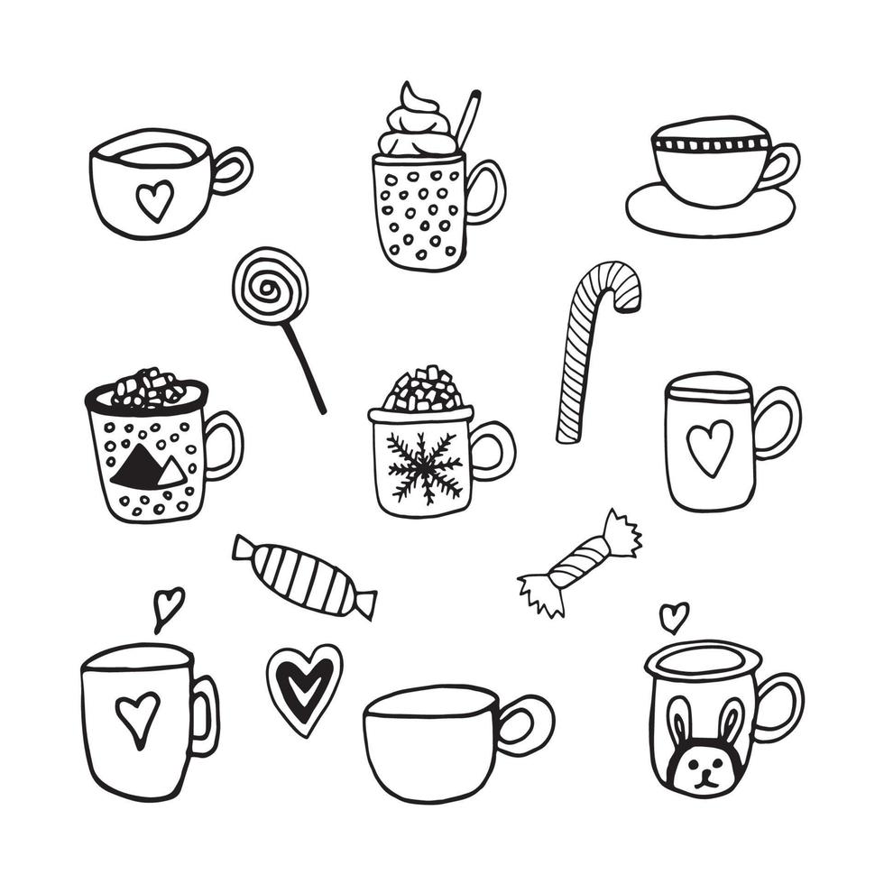 Tasty hand dawn vector set with coffee, cacao, warm beverage and candy. Doodle icon set for winter design and decoration. Isolated on white background