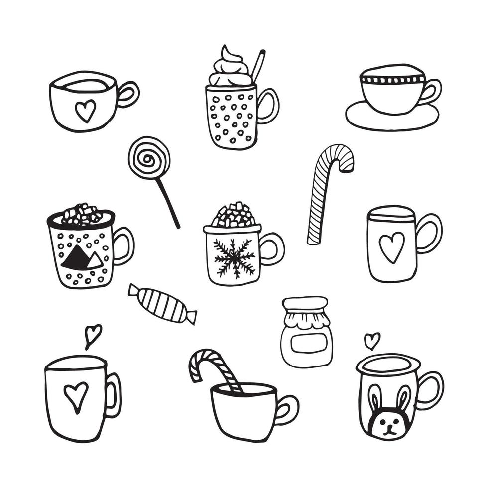 sabroso vector de amanecer de mano con café, cacao, bebida caliente y dulces. conjunto de iconos de garabatos para el diseño y la decoración de invierno. aislado sobre fondo blanco