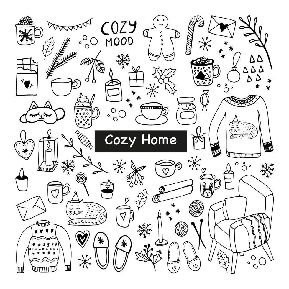 Big set of Hygge icons. Warm and cozy hand drawn vector illustration in scandinavian style. Winter elements  for greeting cards, posters, stickers and seasonal design.