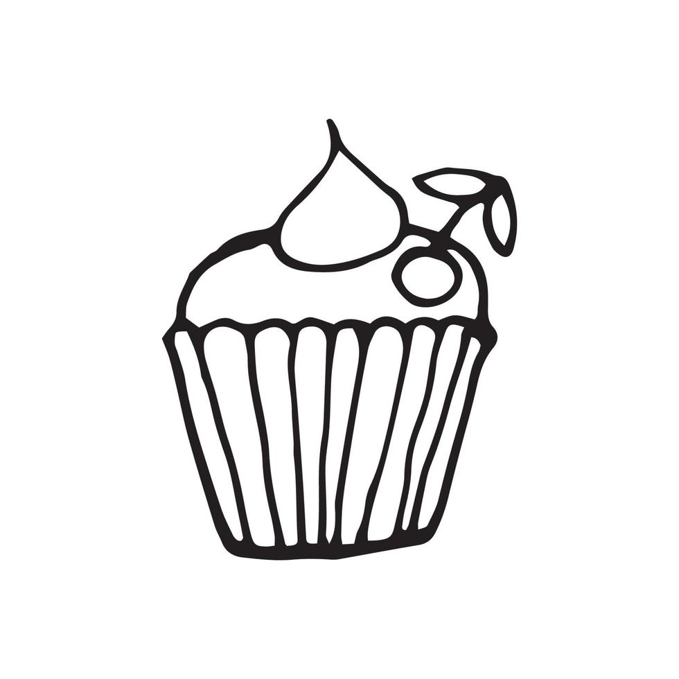 Single hand drawn cupcake, muffin. Doodle vector illustration in cute scandinavian style. Element for greeting cards, posters, stickers and seasonal design. Isolated on white background