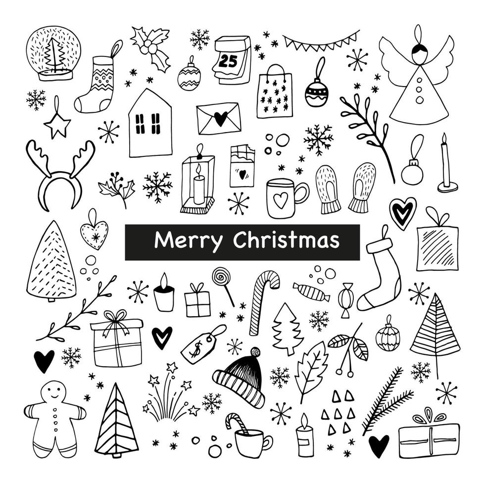 Big set of New Year and Xmas icons. Cute hand drawn vector illustration. Winter elements  for greeting cards, posters, stickers and seasonal design.  Isolated on white background