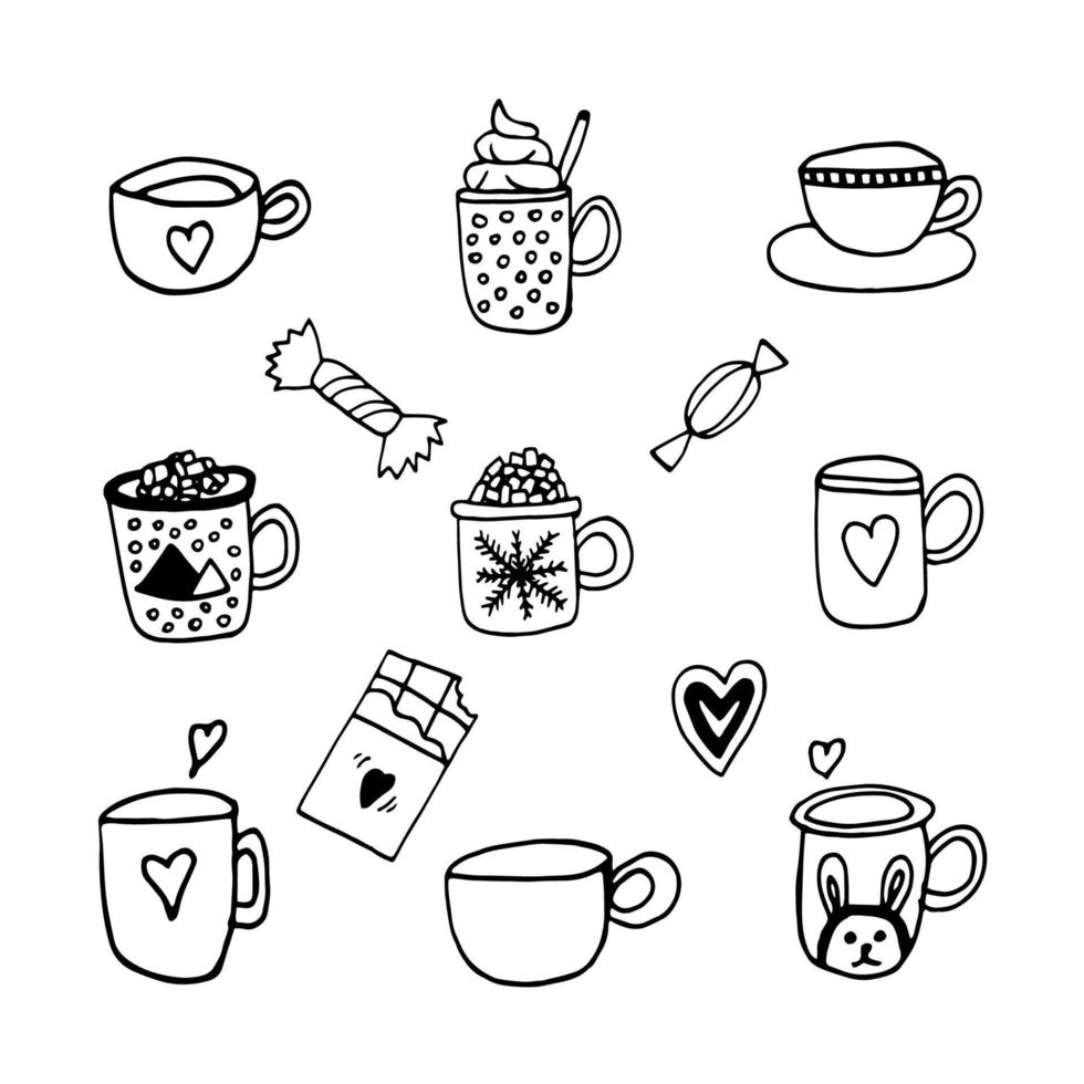 sabroso vector de amanecer de mano con café, cacao, bebida caliente y dulces. conjunto de iconos de garabatos para el diseño y la decoración de invierno. aislado sobre fondo blanco