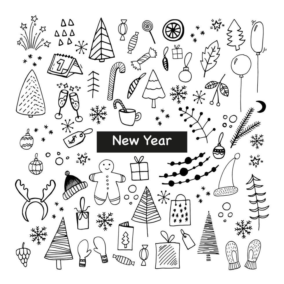 gran conjunto de iconos de año nuevo y navidad. linda ilustración vectorial dibujada a mano. elementos de invierno para tarjetas de felicitación, carteles, pegatinas y diseño de temporada. aislado sobre fondo blanco vector