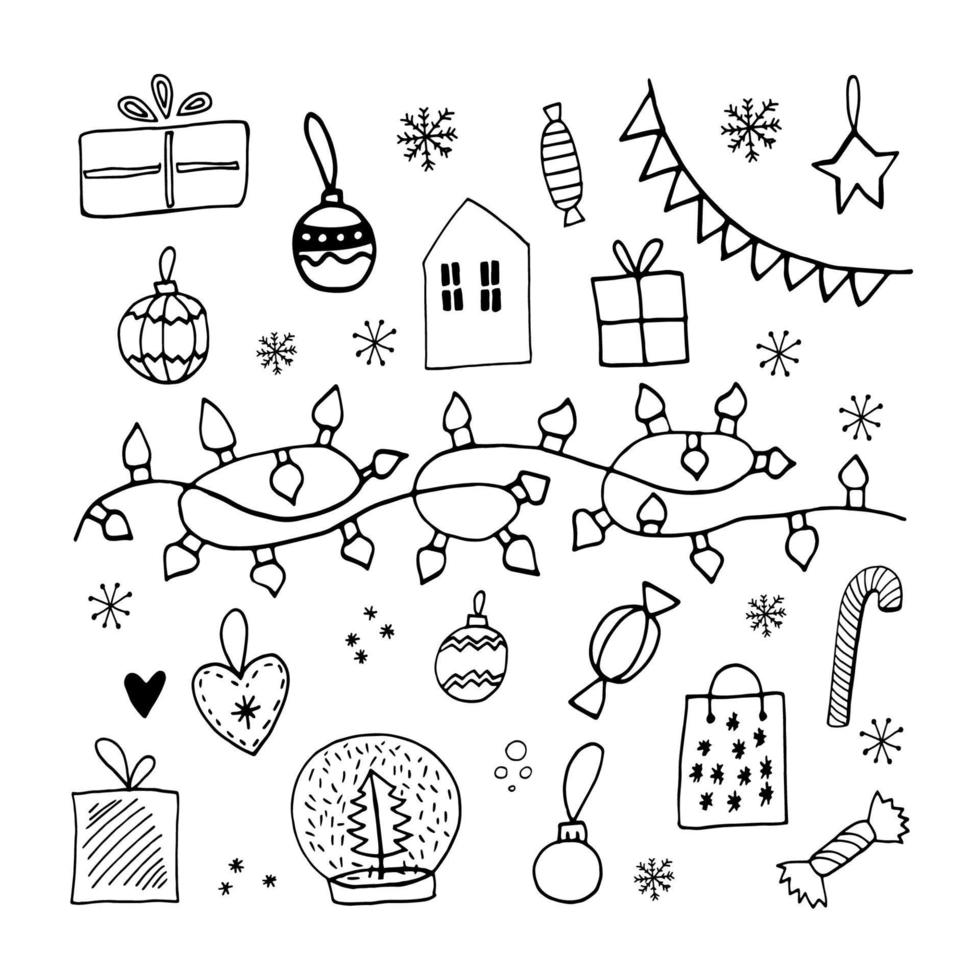 lindo juego de navidad de garabatos con guirnaldas, luces, juguetes, pelotas, piruletas, dulces, caja de regalo y copos de nieve. ilustración vectorial de invierno dibujada a mano para el diseño estacional. vector