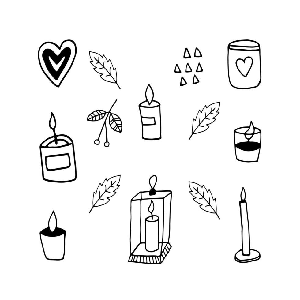 lindo conjunto de otoño de doodle con velas, rowen, hojas. ilustración vectorial dibujada a mano para tarjetas de felicitación, carteles, pegatinas y diseño estacional. vector