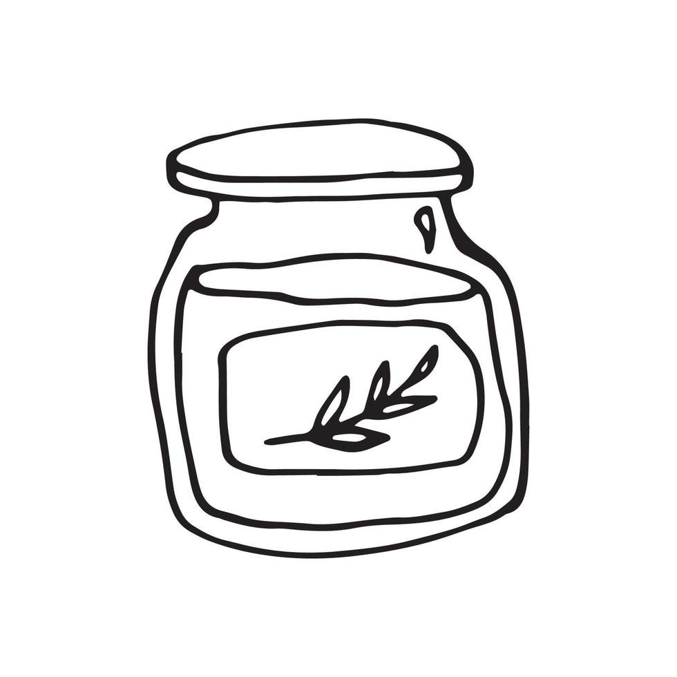 Single hand drawn element jar with jam for New Year or autumn greeting cards, posters, stickers and seasonal design.  Isolated on white background. Doodle vector illustration.