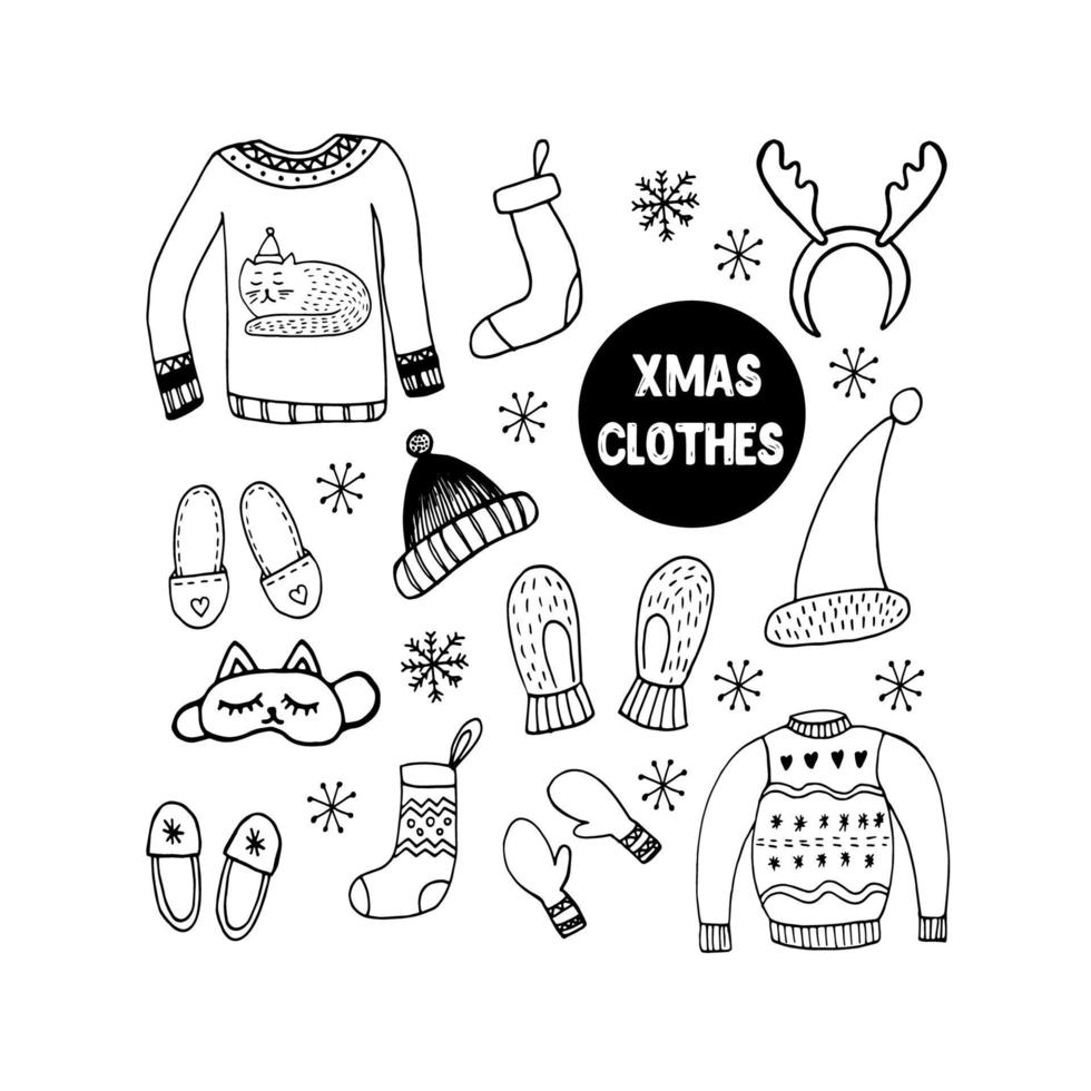 lindo conjunto de garabatos con suéter cálido y cómodo, pantuflas, máscara para dormir, sombrero, mitones, copos de nieve y calcetines. ilustración vectorial de invierno dibujada a mano para el diseño estacional. vector