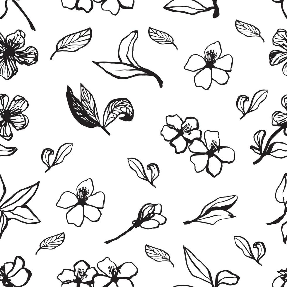 Cute hand drawn sakura seamless pattern. Traditional japanese or chinese spring flowers in ink style. Doodle cherry plant. vector