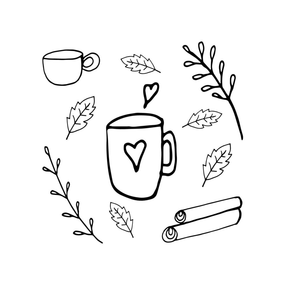 Cute doodle autumn set with cup of coffee, chocolate, cocoa, americano or cappuccino, leaves and cinnamon. Hand drawn vector illustration for greeting cards, posters, stickers and seasonal design.