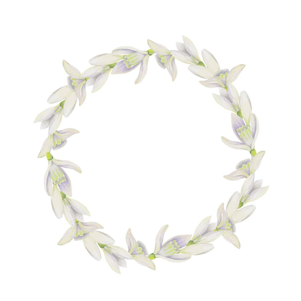 Watercolor hand drawn circle wreath with spring flowers, daffodils, crocus, snowdrops, leaves. Isolated on white background. Design for invitations, wedding, greeting cards, wallpaper, print, textile. vector