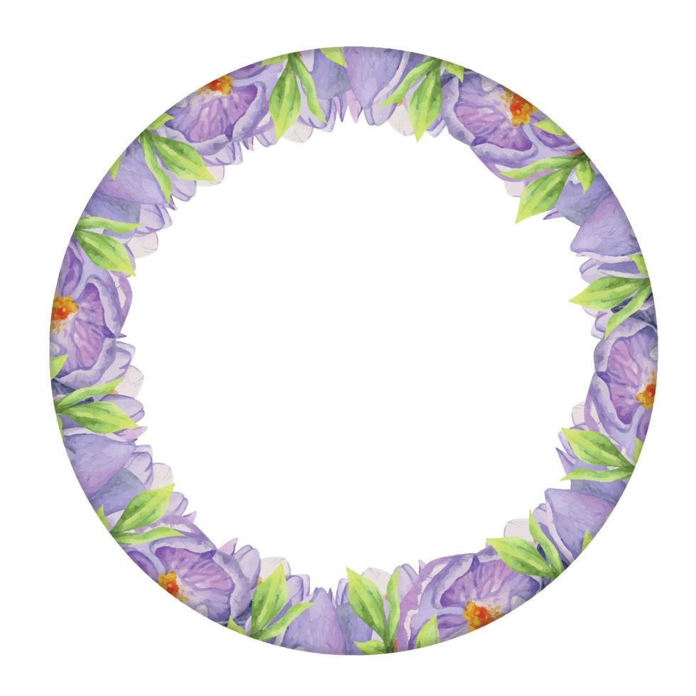 Watercolor hand drawn circle wreath with spring flowers, daffodils, crocus, snowdrops, leaves. Isolated on white background. Design for invitations, wedding, greeting cards, wallpaper, print, textile. vector