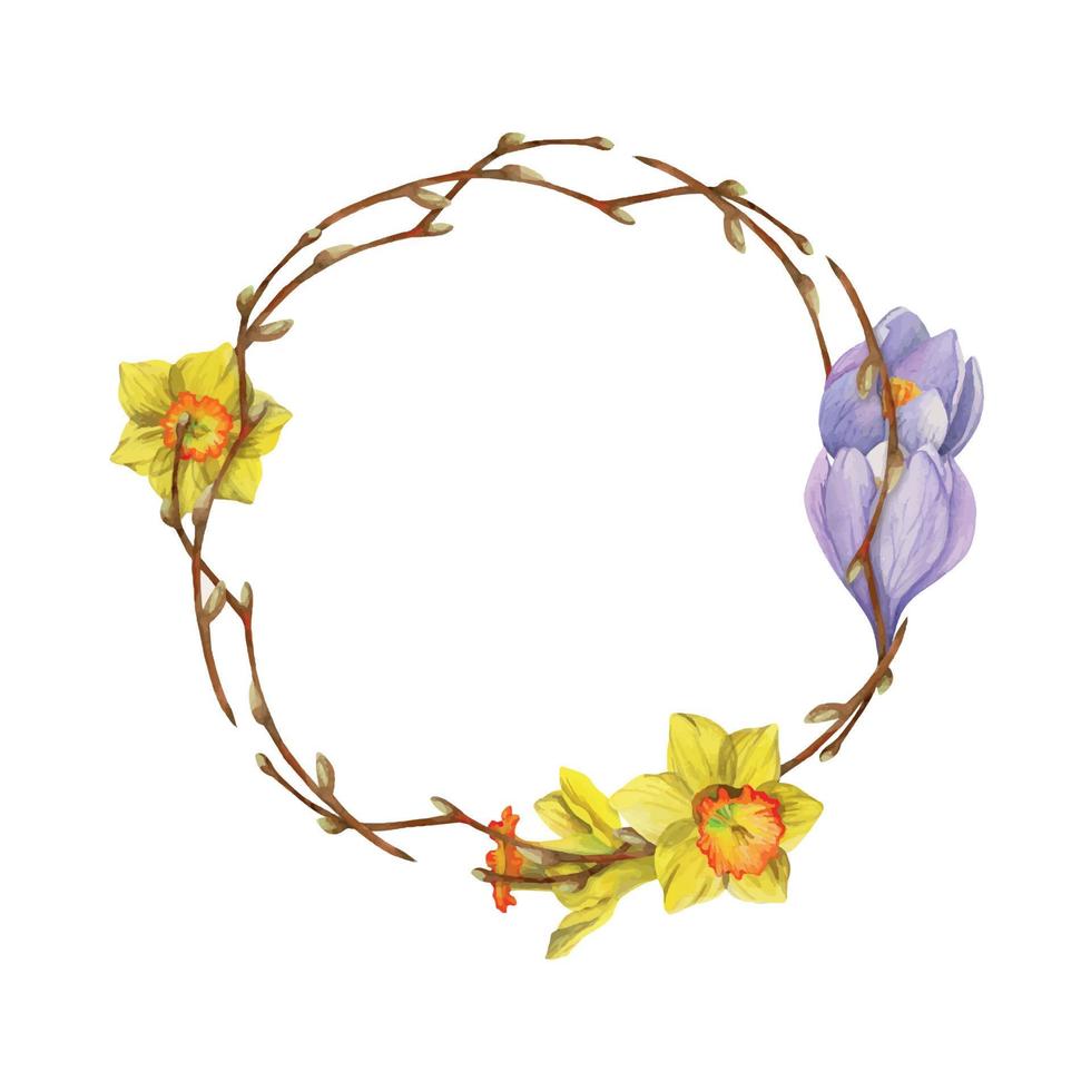 Watercolor hand drawn circle wreath with spring flowers, daffodils, crocus, snowdrops, branches Isolated on white background Design for invitations, wedding, greeting cards, wallpaper, print, textile. vector