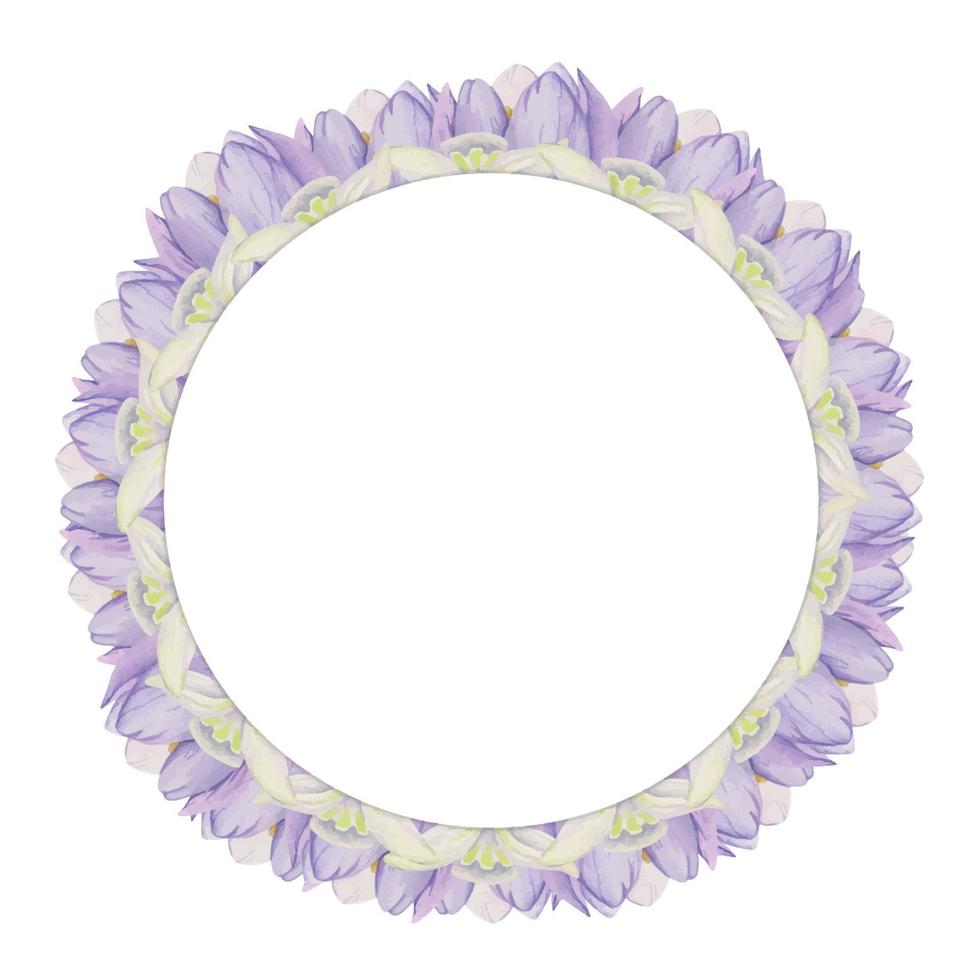 Watercolor hand drawn circle wreath with spring flowers, daffodils, crocus, snowdrops, leaves. Isolated on white background. Design for invitations, wedding, greeting cards, wallpaper, print, textile. vector