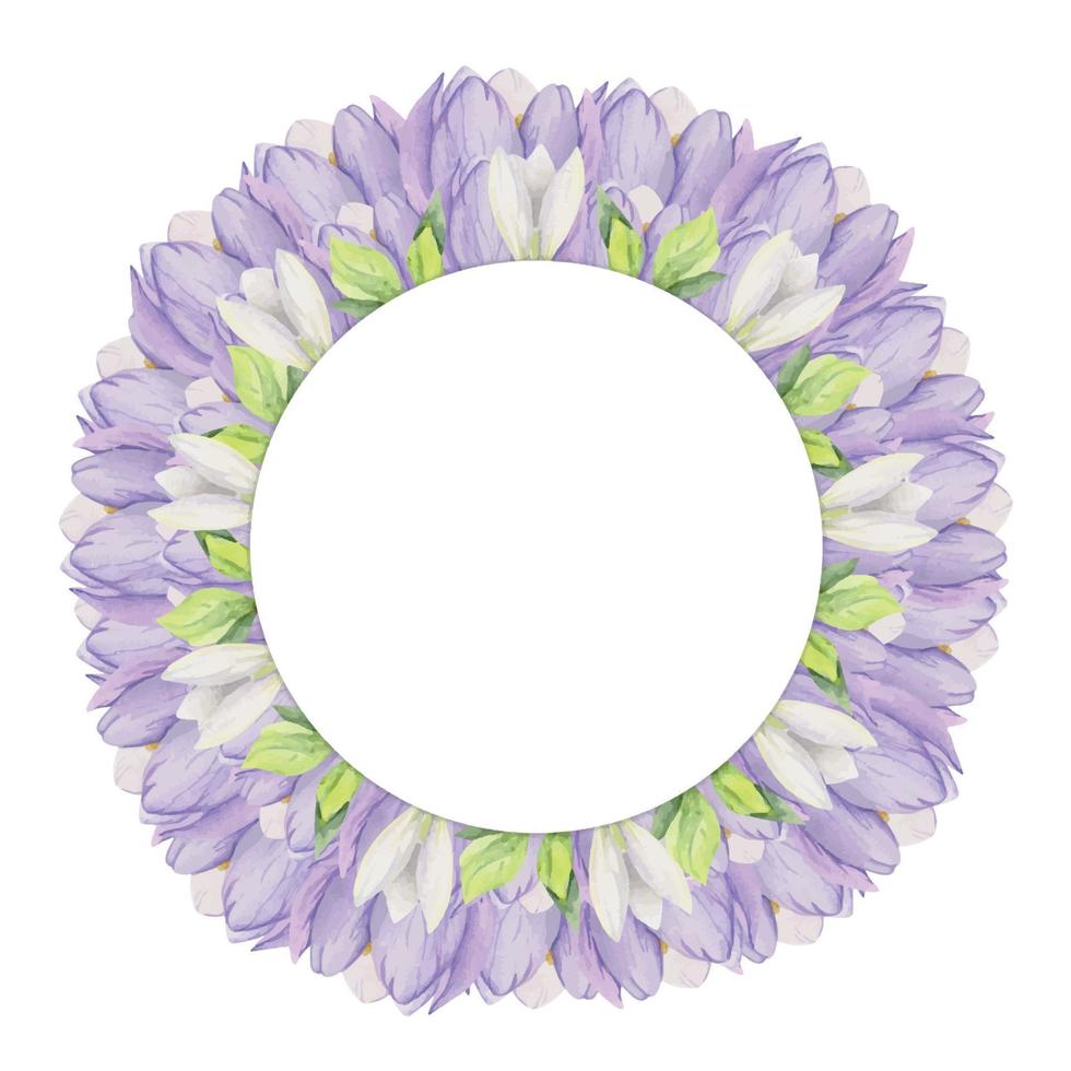 Watercolor hand drawn circle wreath with spring flowers, daffodils, crocus, snowdrops, leaves. Isolated on white background. Design for invitations, wedding, greeting cards, wallpaper, print, textile. vector