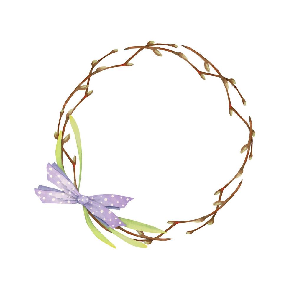 Watercolor hand drawn circle wreath with spring flowers, daffodils, crocus, snowdrops, branches Isolated on white background Design for invitations, wedding, greeting cards, wallpaper, print, textile. vector