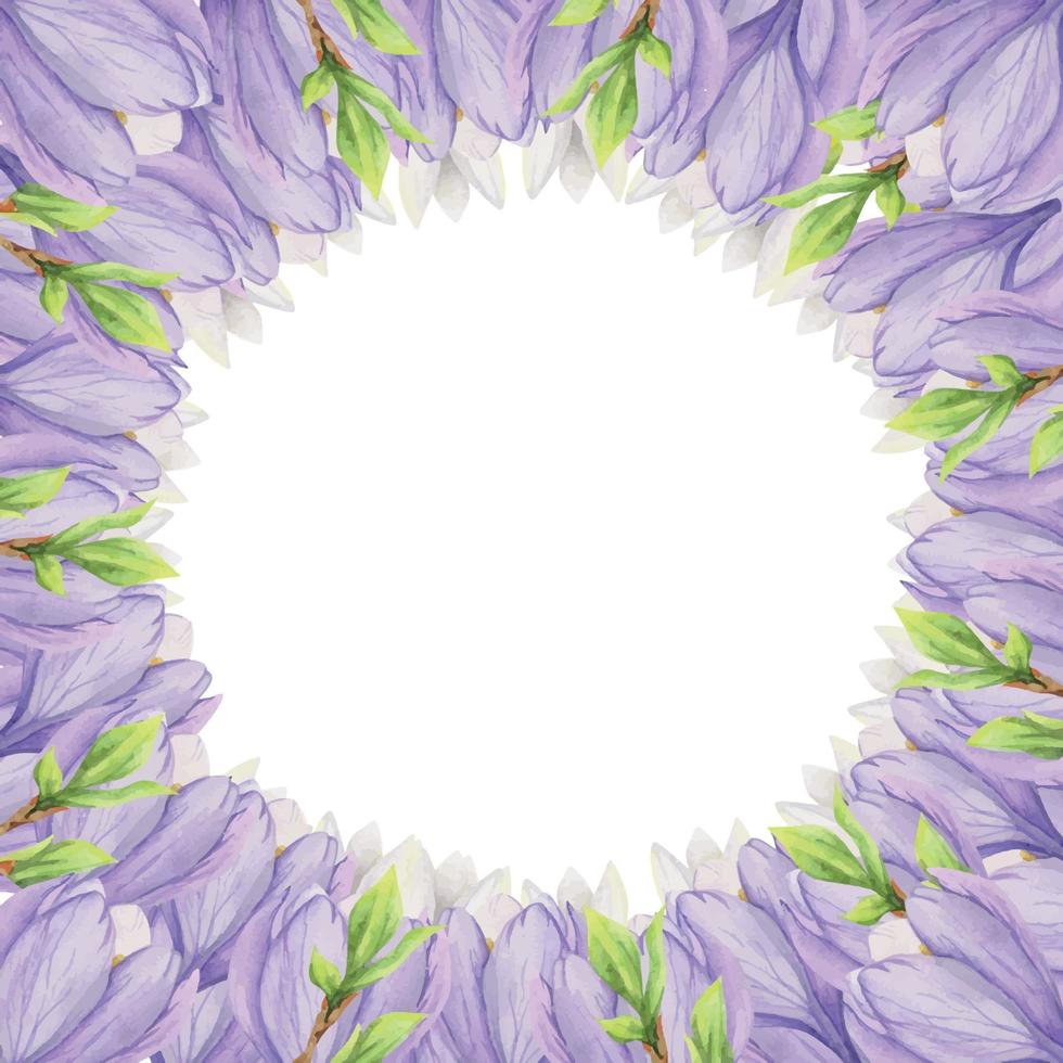 Watercolor hand drawn circle wreath with spring flowers, daffodils, crocus, snowdrops, leaves. Isolated on white background. Design for invitations, wedding, greeting cards, wallpaper, print, textile. vector