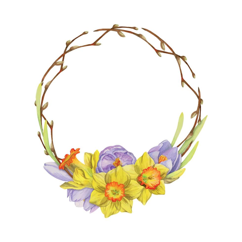 Watercolor hand drawn circle wreath with spring flowers, daffodils, crocus, snowdrops, branches Isolated on white background Design for invitations, wedding, greeting cards, wallpaper, print, textile. vector