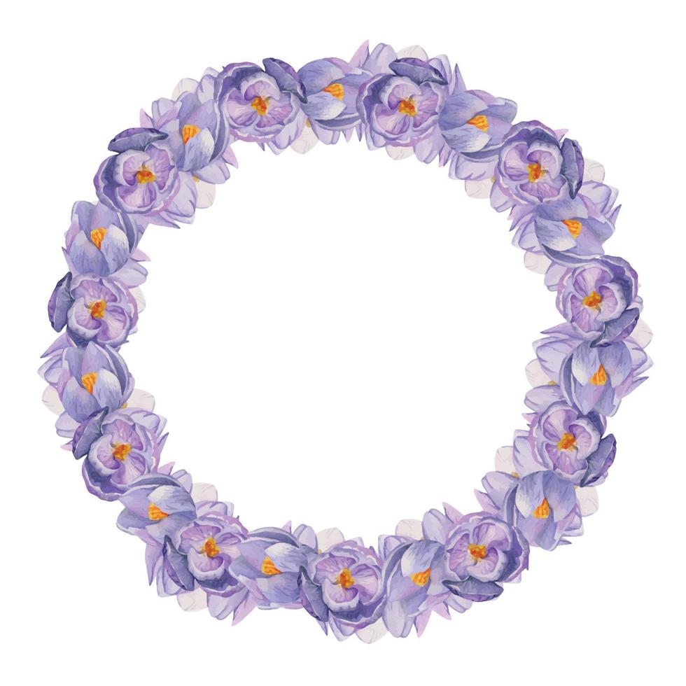 Watercolor hand drawn circle wreath with spring flowers, daffodils, crocus, snowdrops, leaves. Isolated on white background. Design for invitations, wedding, greeting cards, wallpaper, print, textile. vector