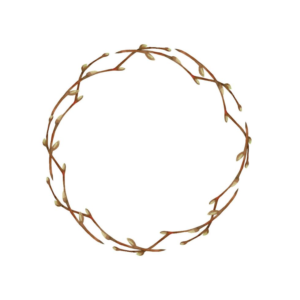 Watercolor hand drawn circle wreath with spring flowers, daffodils, crocus, snowdrops, branches Isolated on white background Design for invitations, wedding, greeting cards, wallpaper, print, textile. vector