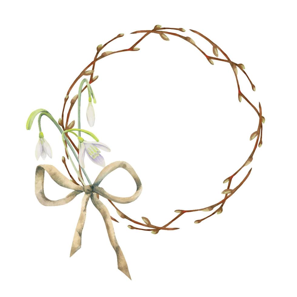 Watercolor hand drawn circle wreath with spring flowers, daffodils, crocus, snowdrops, branches Isolated on white background Design for invitations, wedding, greeting cards, wallpaper, print, textile. vector
