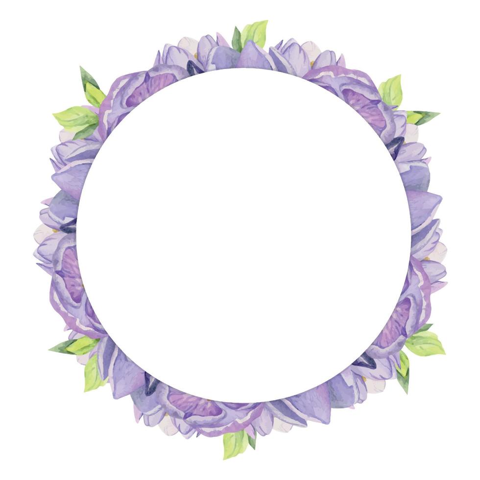 Watercolor hand drawn circle wreath with spring flowers, daffodils, crocus, snowdrops, leaves. Isolated on white background. Design for invitations, wedding, greeting cards, wallpaper, print, textile. vector