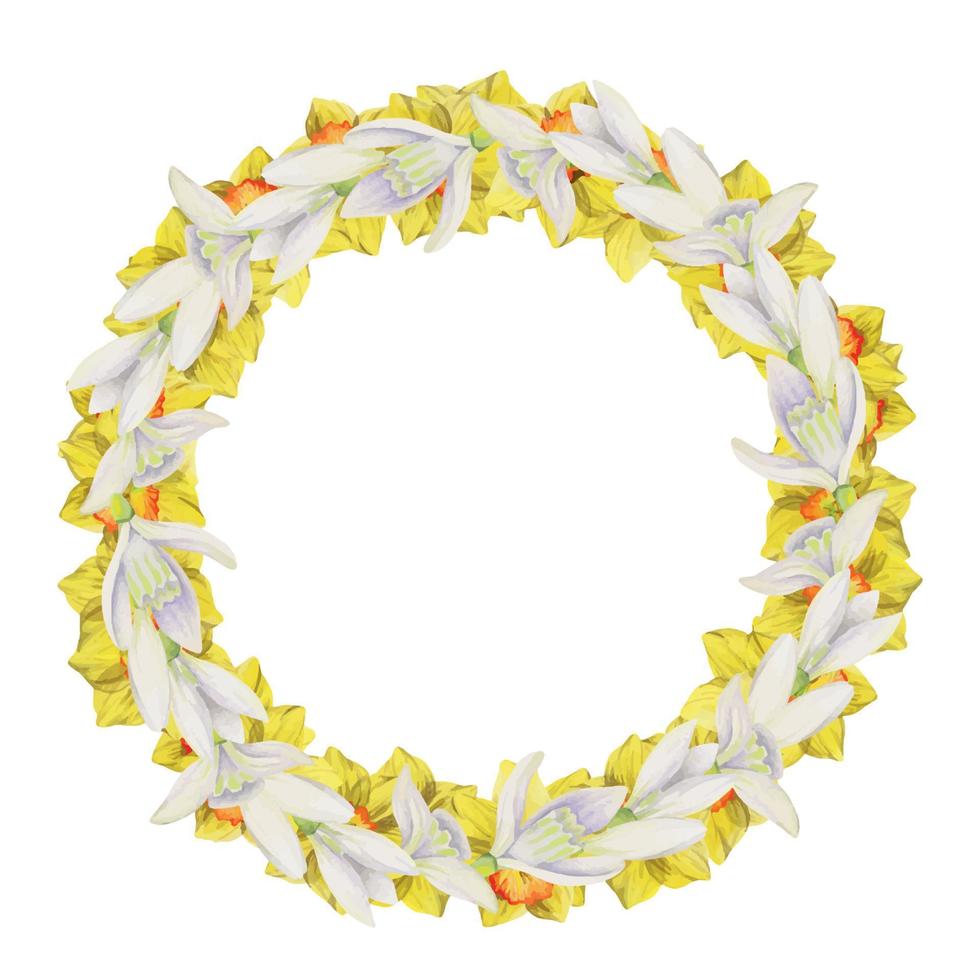 Watercolor hand drawn circle wreath with spring flowers, daffodils, crocus, snowdrops, leaves. Isolated on white background. Design for invitations, wedding, greeting cards, wallpaper, print, textile. vector
