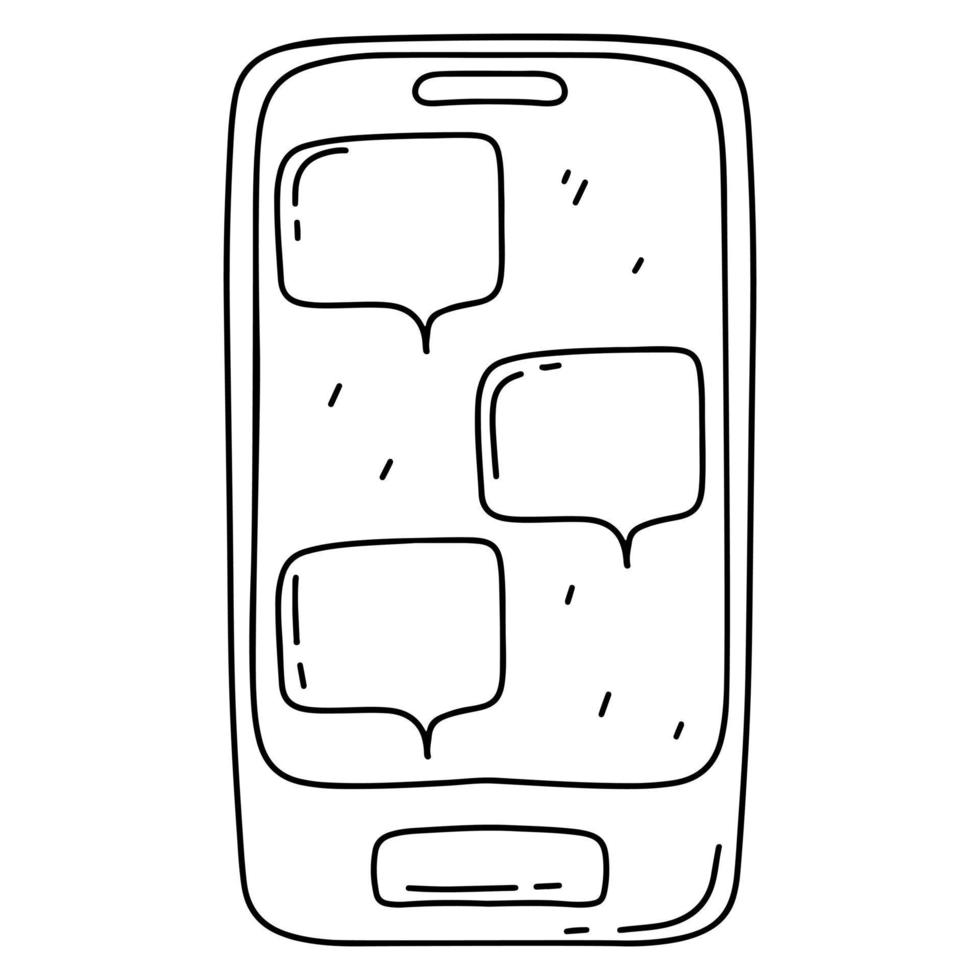 teléfono inteligente con burbujas de voz en la pantalla en estilo de garabato dibujado a mano. aislado sobre fondo blanco. vector