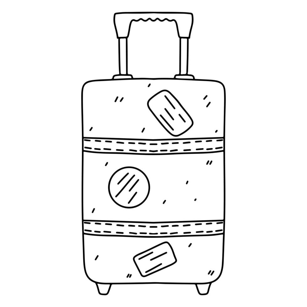 Plastic suitcase with wheels in hand drawn doodle style. Traveler luggage. Vector illustration isolated on white background.