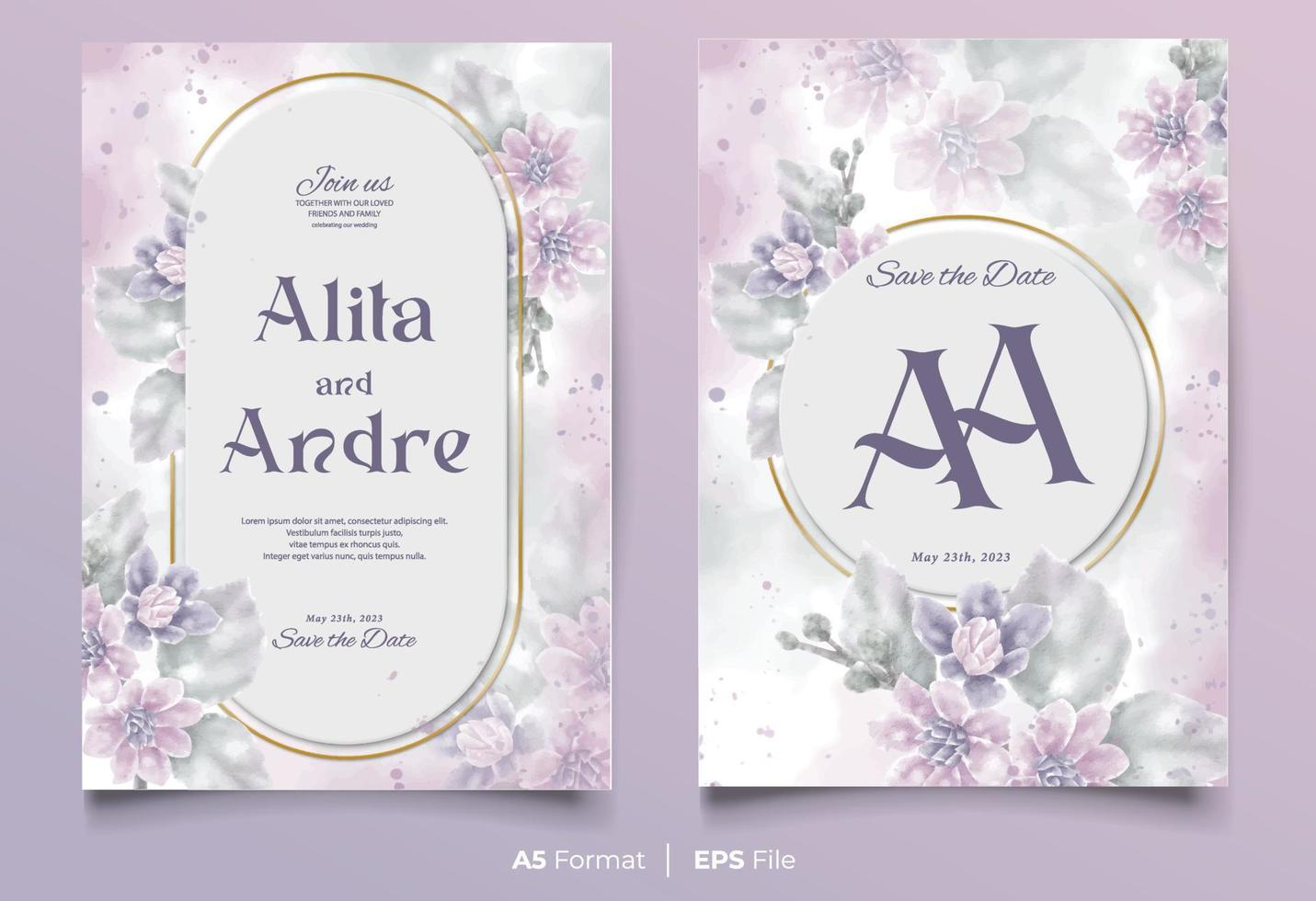 watercolor wedding invitation template with purple and green flower ornament vector