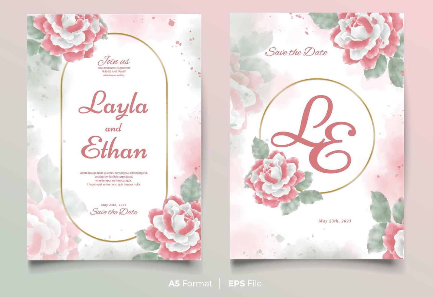 watercolor wedding invitation template with red and white flower ornament vector