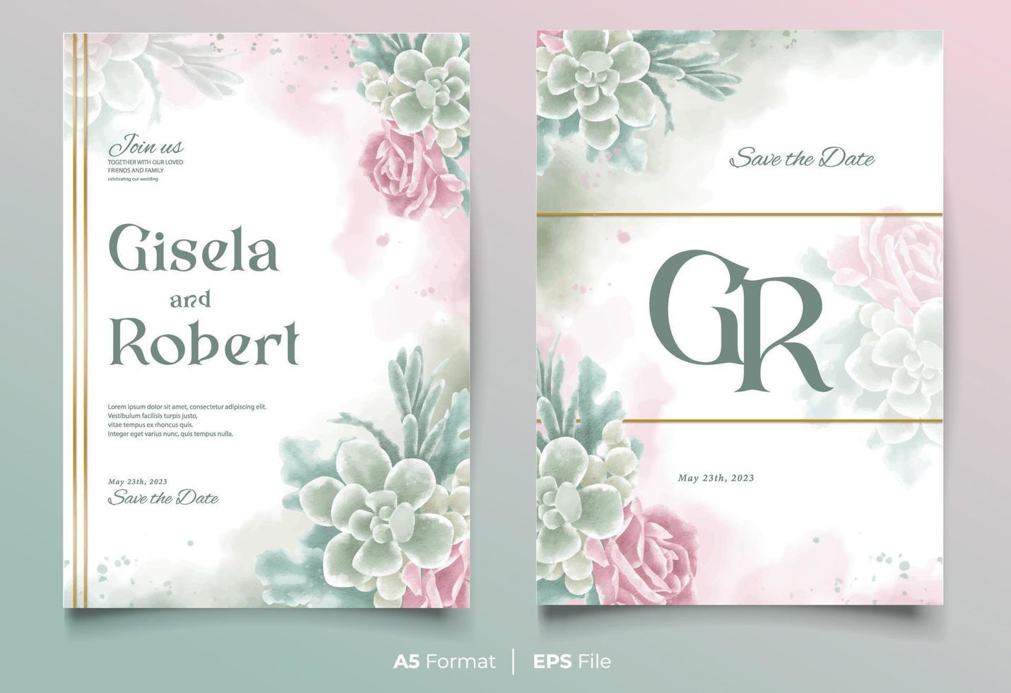 plantilla de invitación de boda de acuarela con adorno de flor rosa y verde vector