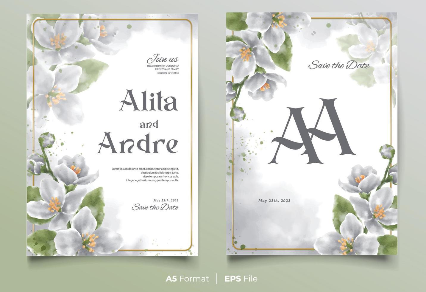 watercolor wedding invitation template with white and green flower ornament vector