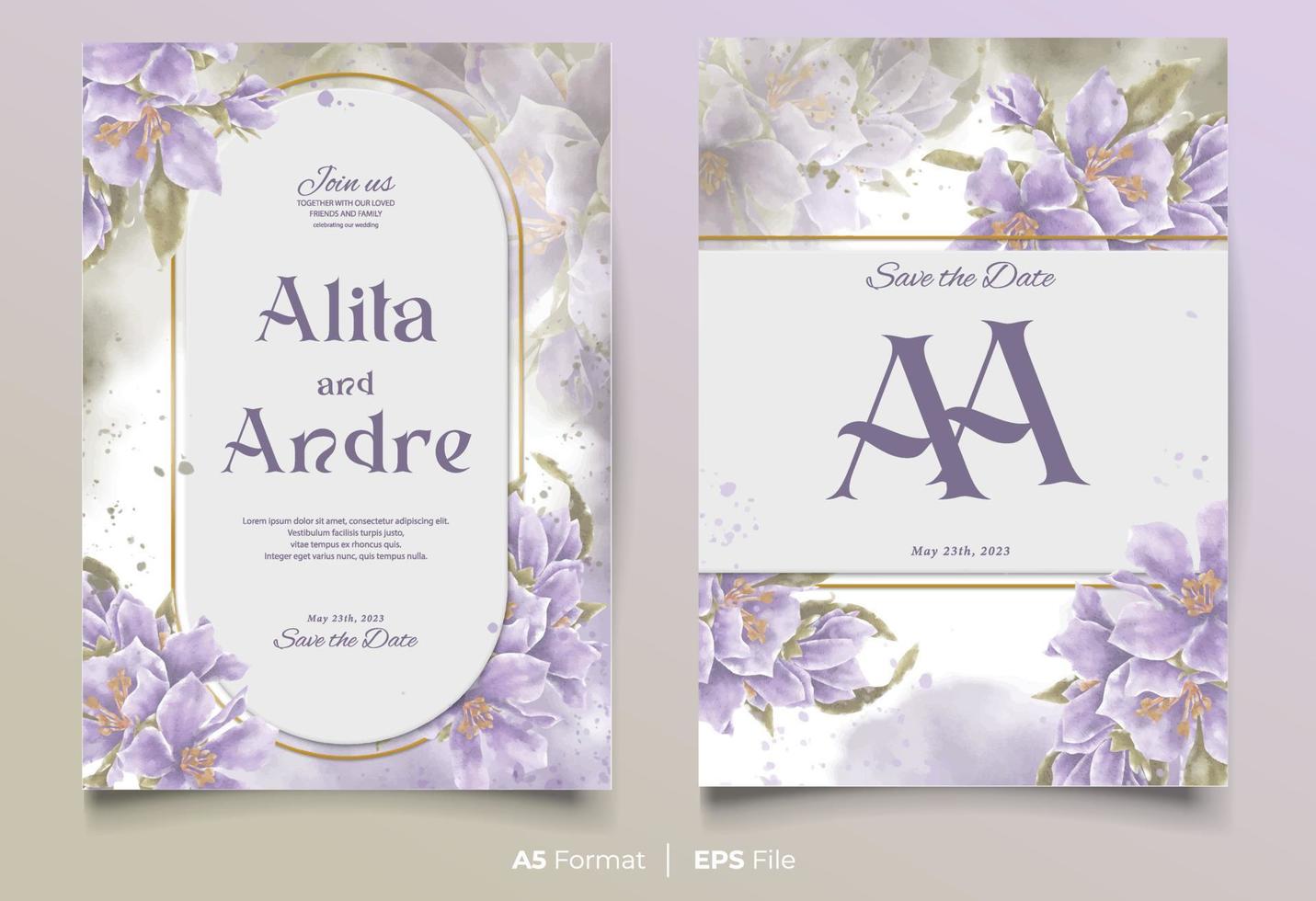 watercolor wedding invitation template with purple and green flower ornament vector